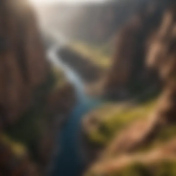 A stunning aerial shot of a winding river carving through rugged rock formations