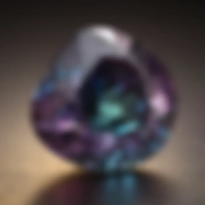 Close-up view of a remarkable alexandrite stone displaying its unique color shift