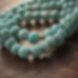 A mesmerizing close-up of amazonite mala beads glistening under soft light