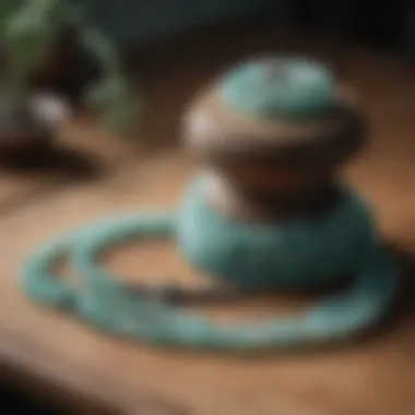 Tranquil Amazonite Mala Meditation A serene meditation setting with an amazonite mala placed on a wooden surface, symbolizing peace and mindfulness
