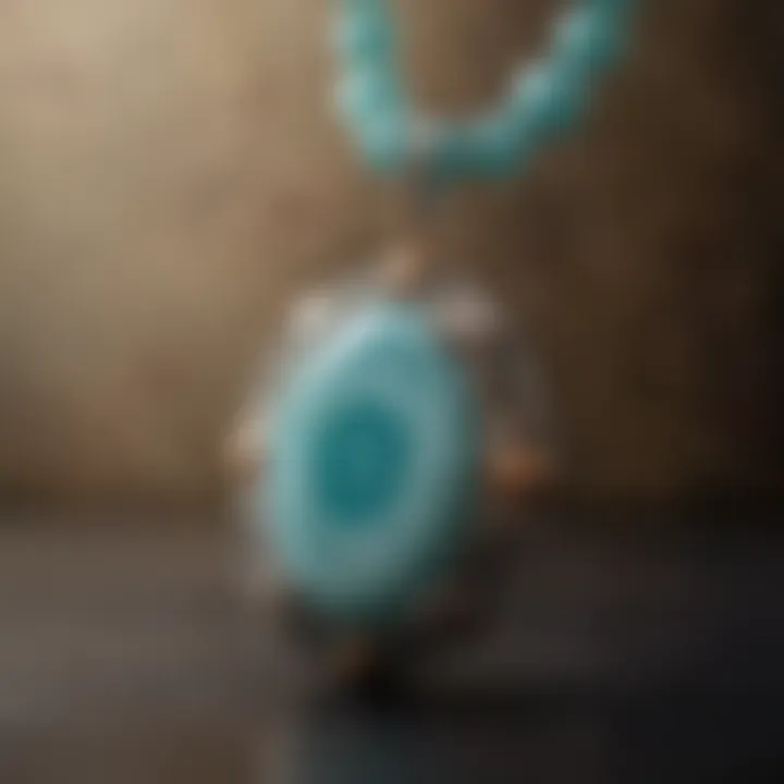 A captivating close-up of an amazonite mala pendant, reflecting its intricate patterns and soothing colors