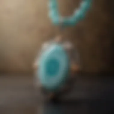 Intricate Amazonite Mala Pendant A captivating close-up of an amazonite mala pendant, reflecting its intricate patterns and soothing colors