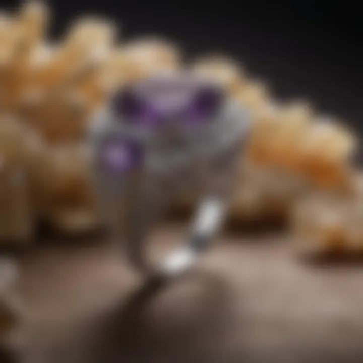 An intricately designed amethyst ring set in silver, highlighting the gemstone's allure.