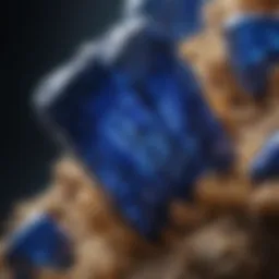 A close-up view of lapis lazuli showcasing its deep blue hue and golden flecks.