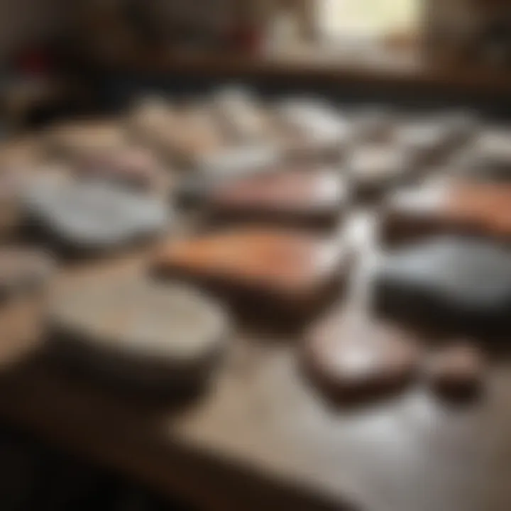 An array of beautifully cut and polished rock slabs on a workbench