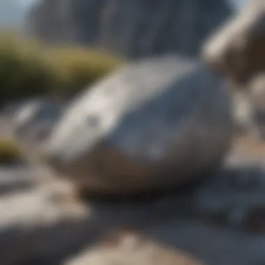 Artistic rendering of a grey rock with silver flakes in a serene landscape