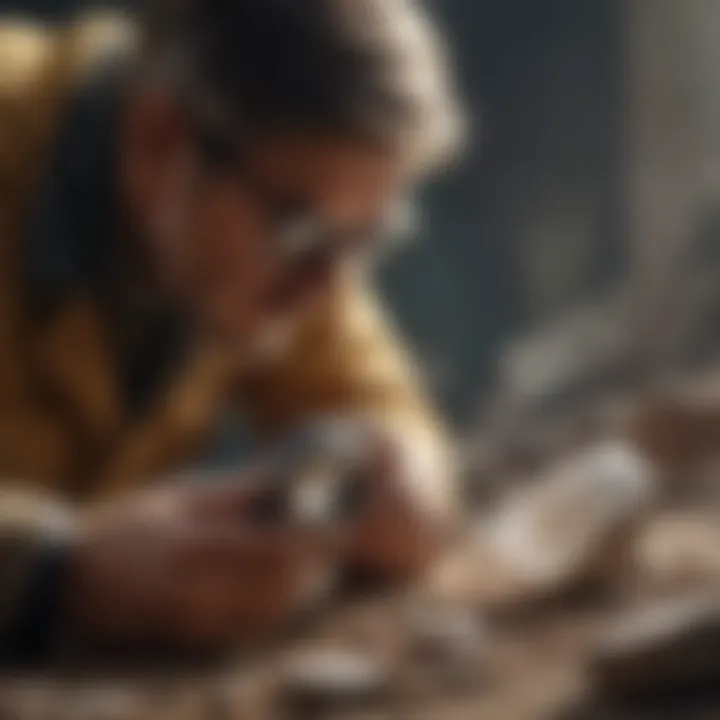 Person utilizing a loupe to inspect a mineral specimen