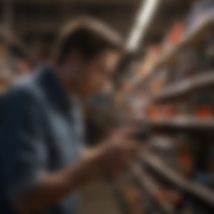 Person inspecting black light flashlight features at store