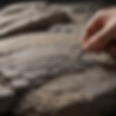 Close-up view of scratch test being conducted on rock surface