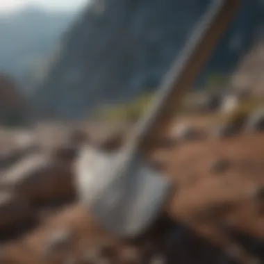 Essential Pickaxe for Extraction Close-up of a sturdy pickaxe with a gleaming blade, ideal for extracting crystals from rocky terrain.