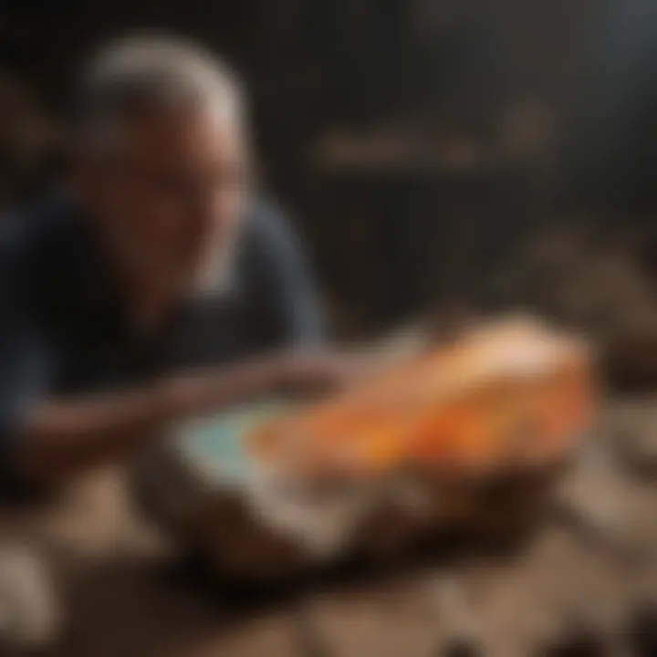 Mineral collector examining a piece of opalized petrified wood