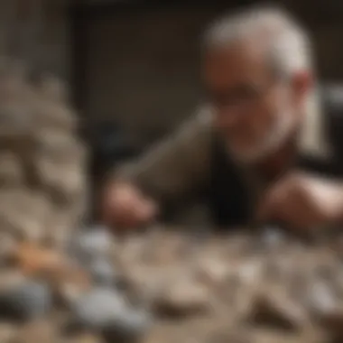 Rock and fossil collector examining tumbled stones