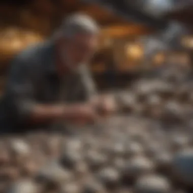 A knowledgeable collector examining rocks in a marketplace