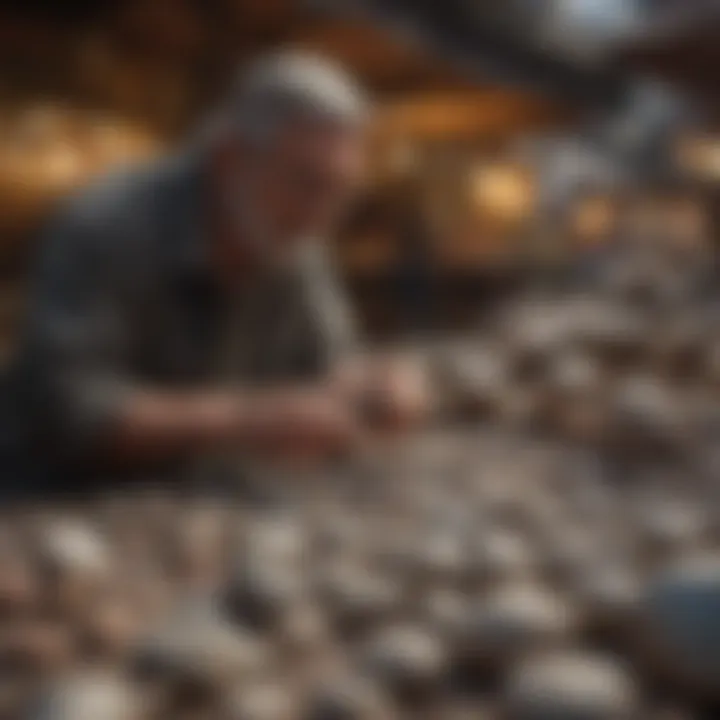 A knowledgeable collector examining rocks in a marketplace