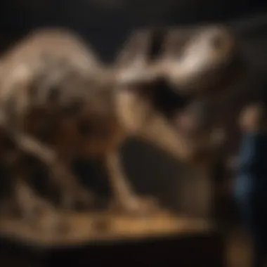 Collectors admiring a display of replica T-Rex skulls