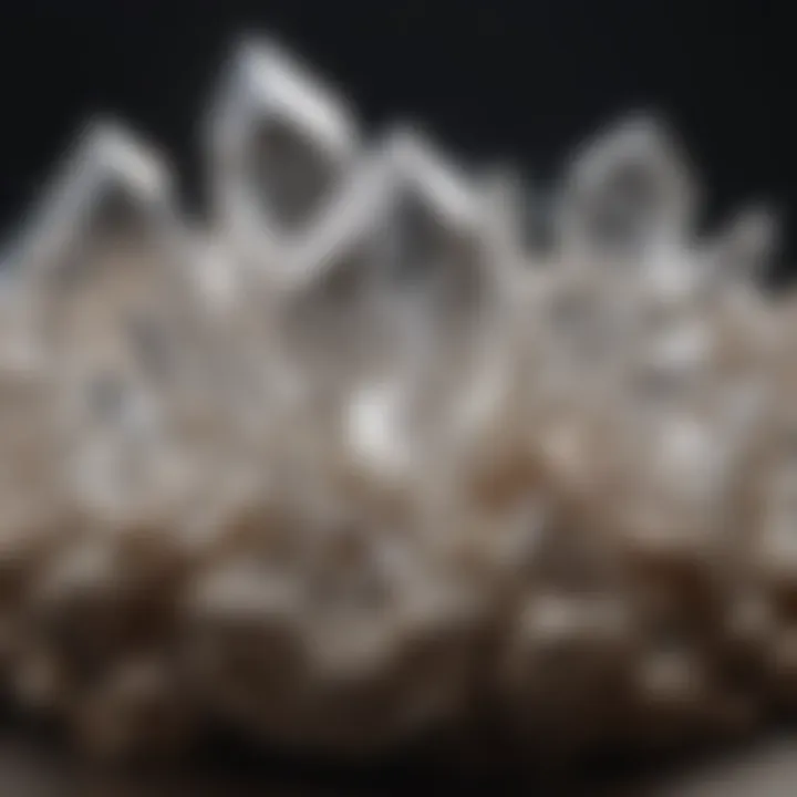 A stunning cluster of clear quartz crystals reflecting light