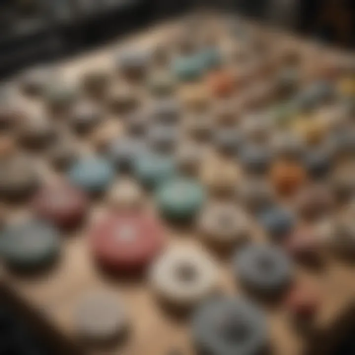 A collection of various lapidary polishing wheels arranged neatly on a workbench.