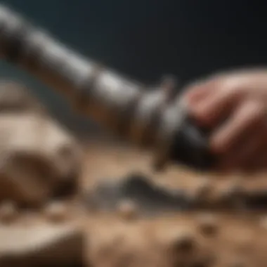 Close-up of hand-held rock grinder in action on a mineral specimen