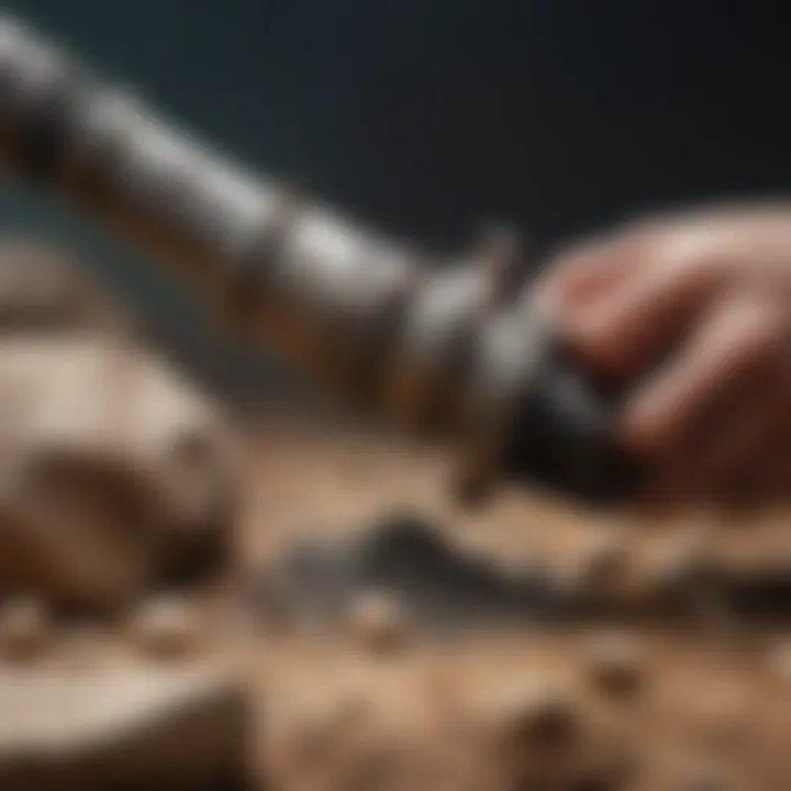 Close-up of hand-held rock grinder in action on a mineral specimen