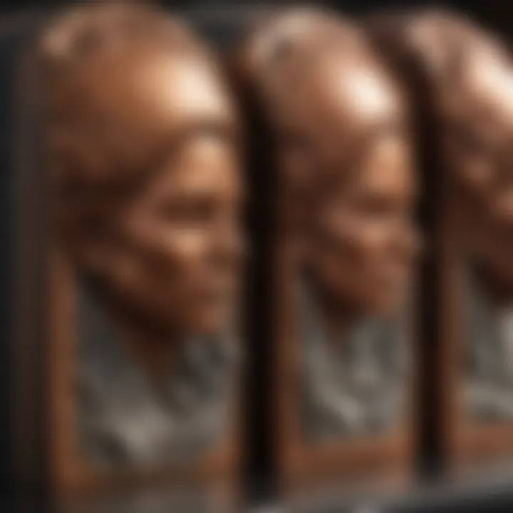 Close-up of copper bookends delicately holding fossil specimens