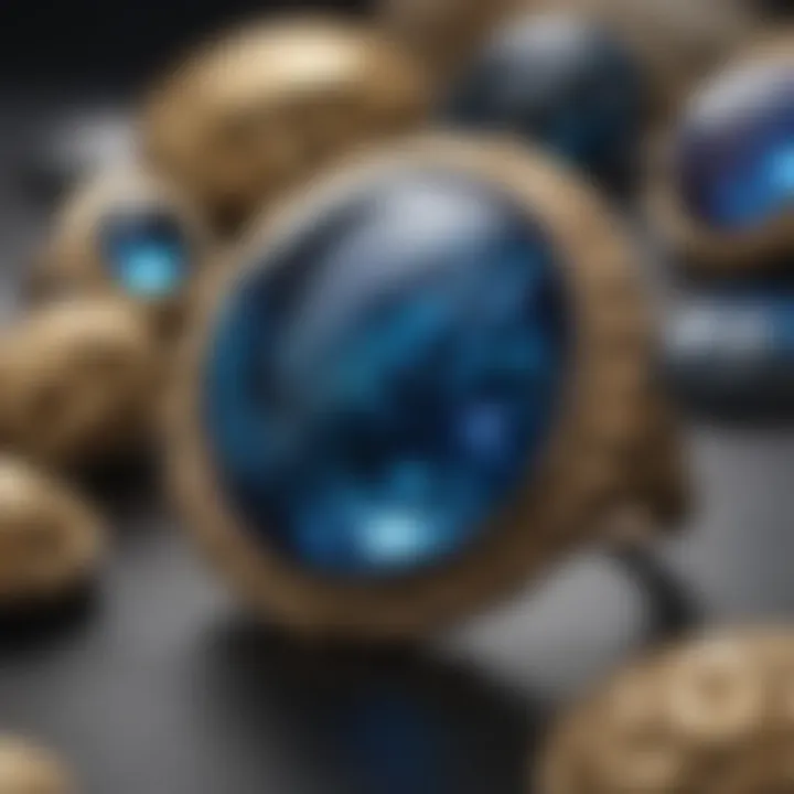 Close-up view of covellite cabochon settings in fine jewelry, showcasing craftsmanship.