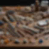 A variety of crystal digging tools arranged neatly on a wooden surface, showcasing their unique features.