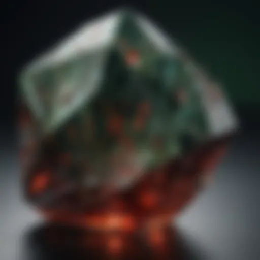 Dark green crystal with red flecks close up