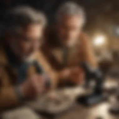 Collector using a microscope to examine geological specimens