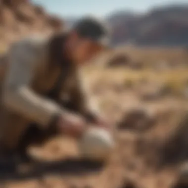 Field Examination of Dinosaur Eggs Paleontologist examining a dinosaur egg in the field