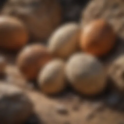 Fossilized dinosaur eggs nestled in sedimentary rock