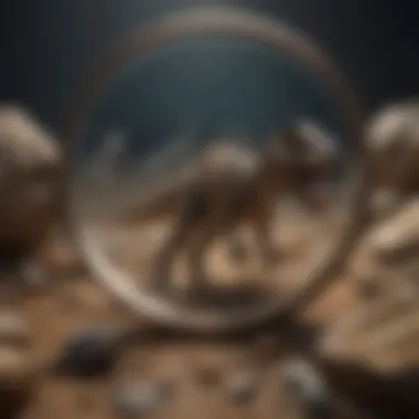 Dinosaur fossil under magnifying glass