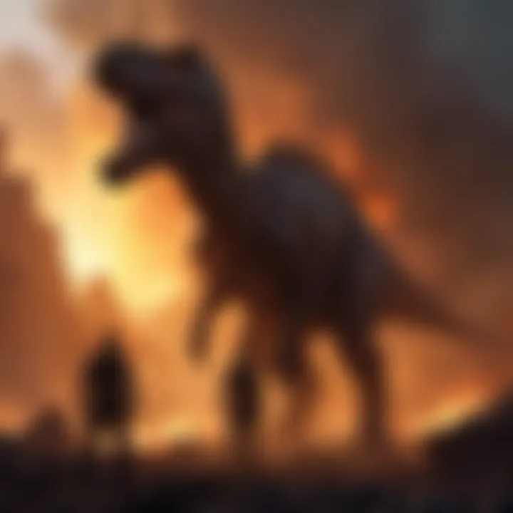 Dinosaur silhouette against a fiery backdrop