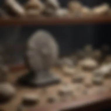 A curated collection of Ediacaran fossils in a well-lit display case