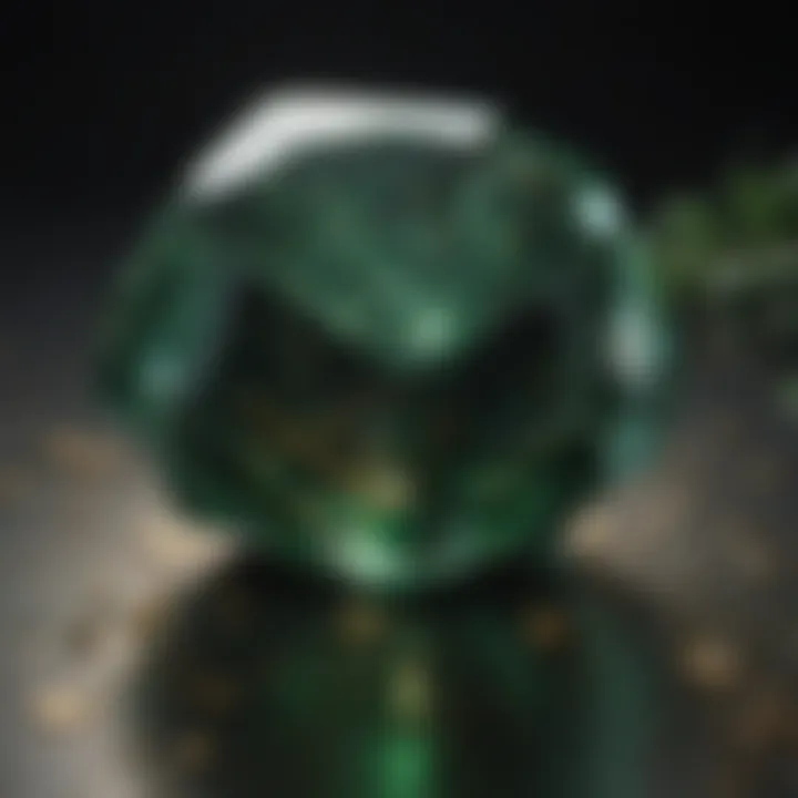 Reflection of light on the dark green crystal with gold flecks, revealing its enchanting depths
