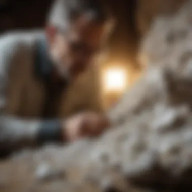 An expert examining white crystal-like rocks under natural light