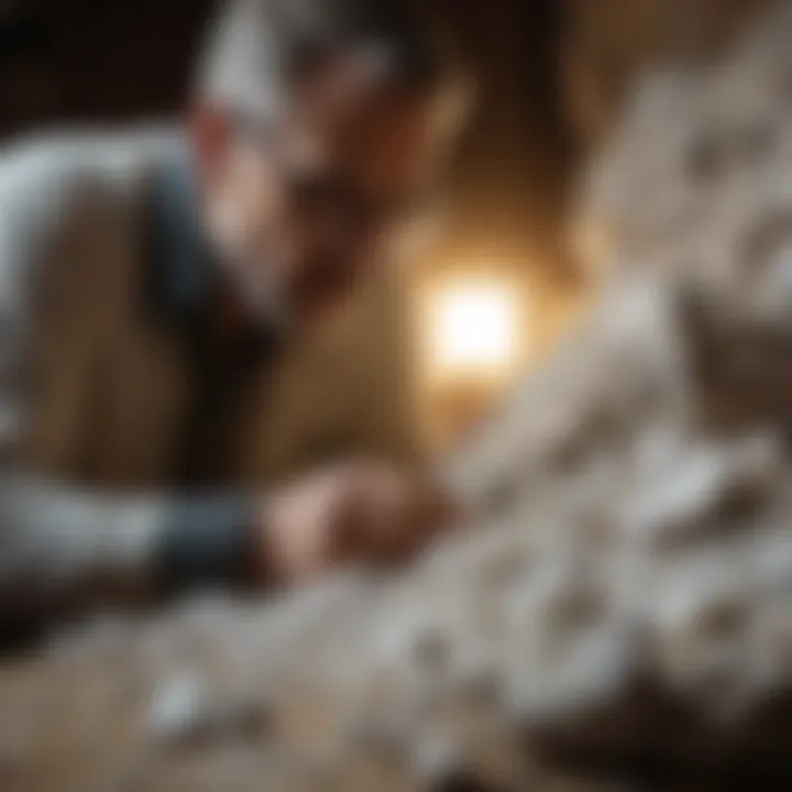 An expert examining white crystal-like rocks under natural light