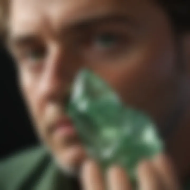 Expert examining light green crystal specimen