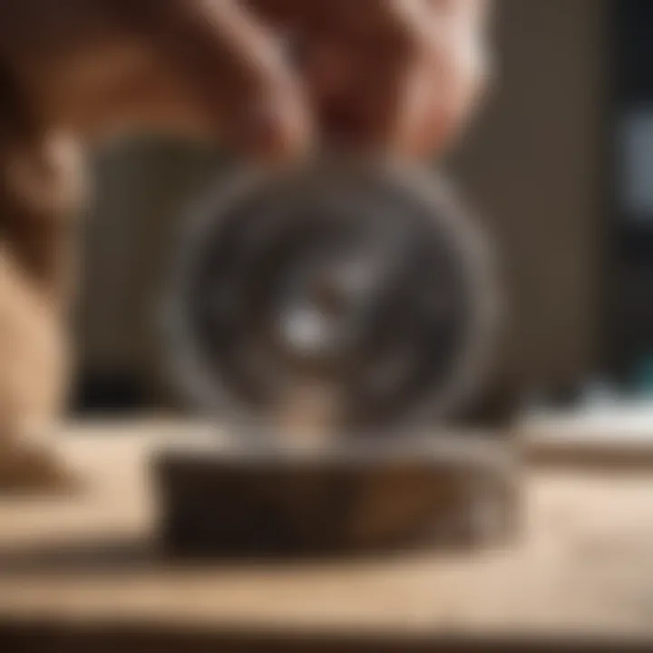 Expert lapidary using trim saw blade to cut rock specimen