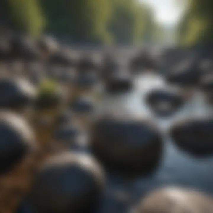 A serene riverside scene highlighting the natural habitat of black river rocks.