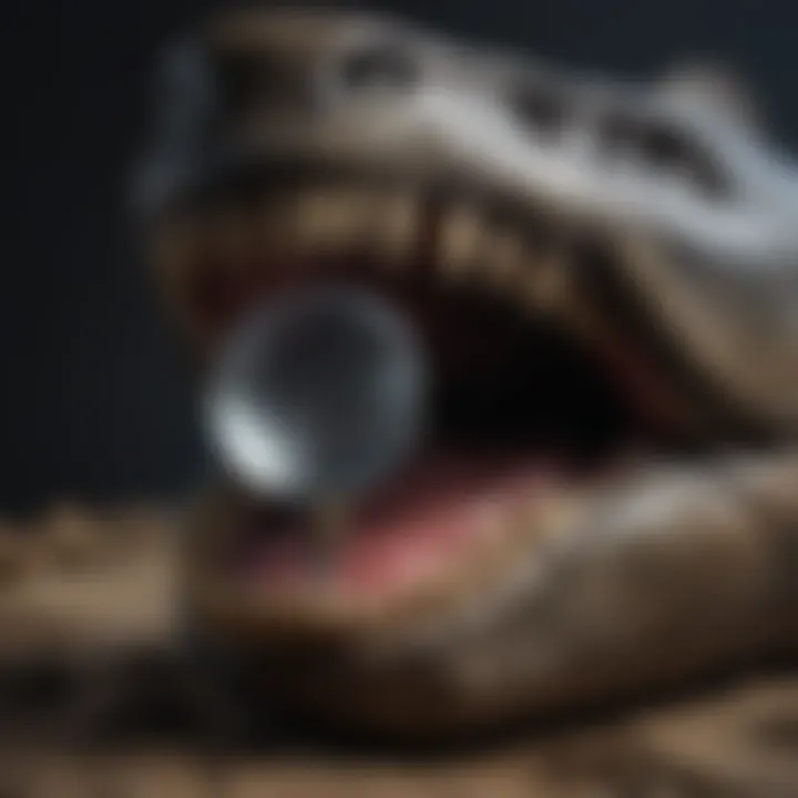 A magnifying glass over a megalodon tooth, symbolizing the scrutiny in determining authenticity.
