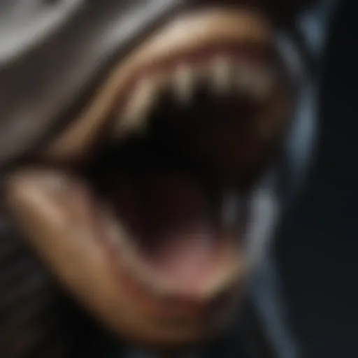 A close-up view of a megalodon tooth highlighting its serrated edges and unique shape.