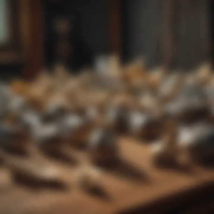 A collection of megalodon teeth displayed on a rustic wooden table, showcasing their variety.