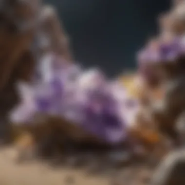 An illustration depicting the geological formation of amethyst rock crystal within quartz deposits.