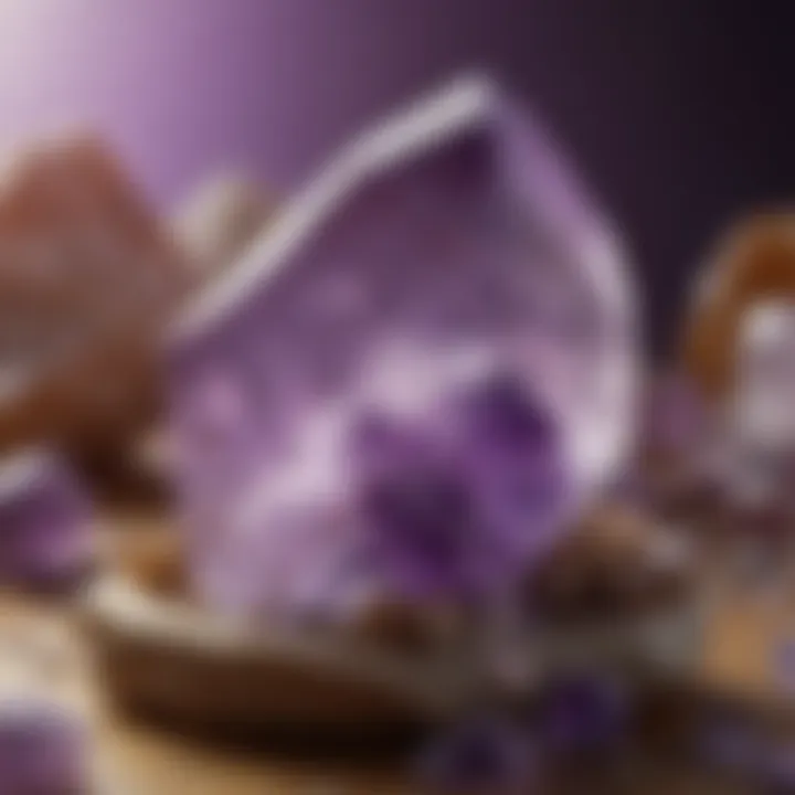 A serene healing space with various amethyst crystals arranged, emphasizing their contemporary healing use.
