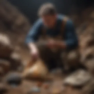 An expert examining the contents of a mining rough bag with tools for authenticity verification.