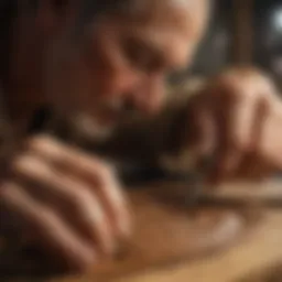 Artisan crafting intricate wood carving with precision tool