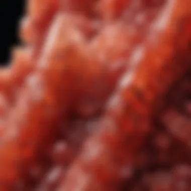 Close-up view of calcite red crystals highlighting their unique texture and formation.