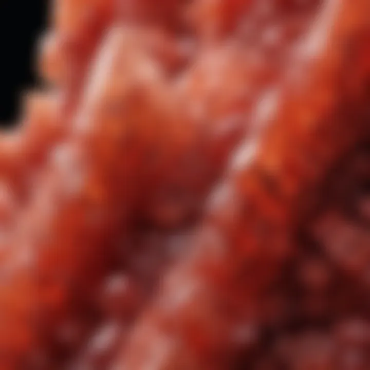 Close-up view of calcite red crystals highlighting their unique texture and formation.