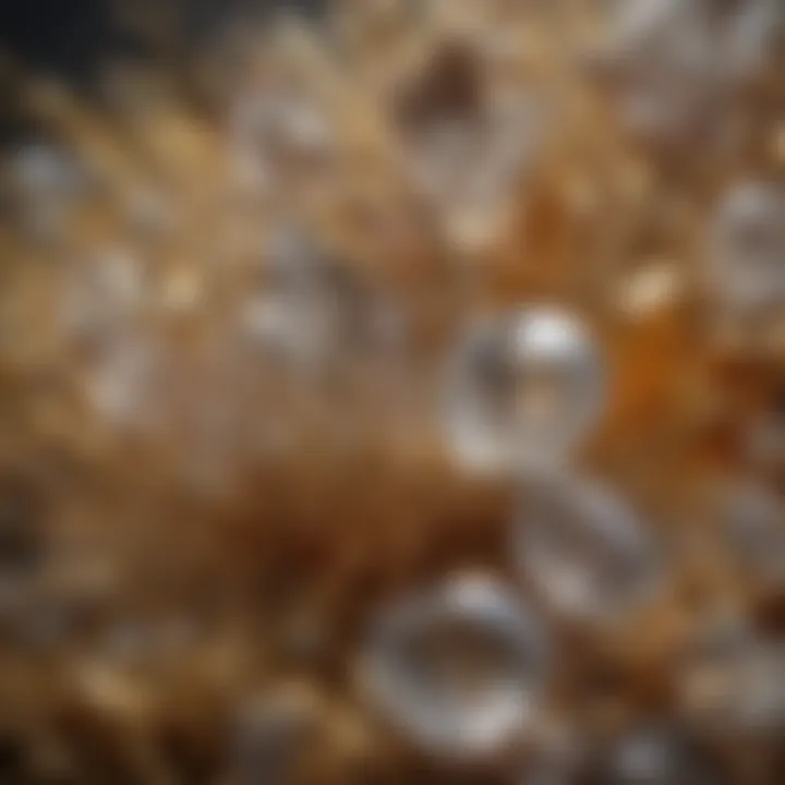 Artistic arrangement of various clear crystals with gold lines displayed aesthetically