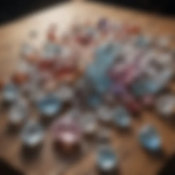 An organized display of polished and raw crystals on a natural wooden surface.